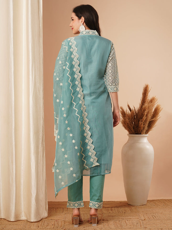 Solid Floral Chikankari Embroidered Straight Kurta with Pant & Dupatta - Turquoise Blue