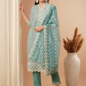 Solid Floral Chikankari Embroidered Straight Kurta with Pant & Dupatta - Turquoise Blue