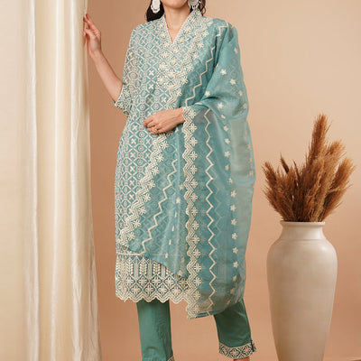 Solid Floral Chikankari Embroidered Straight Kurta with Pant & Dupatta - Turquoise Blue