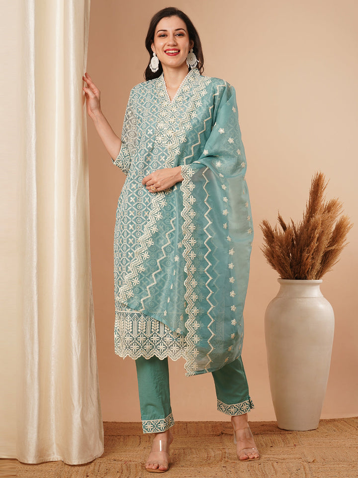 Solid Floral Chikankari Embroidered Straight Kurta with Pant & Dupatta - Turquoise Blue