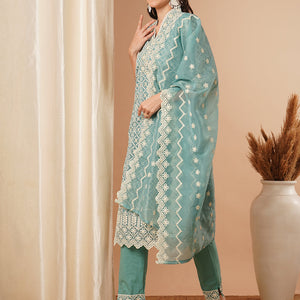 Solid Floral Chikankari Embroidered Straight Kurta with Pant & Dupatta - Turquoise Blue