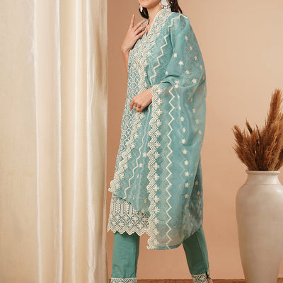 Solid Floral Chikankari Embroidered Straight Kurta with Pant & Dupatta - Turquoise Blue