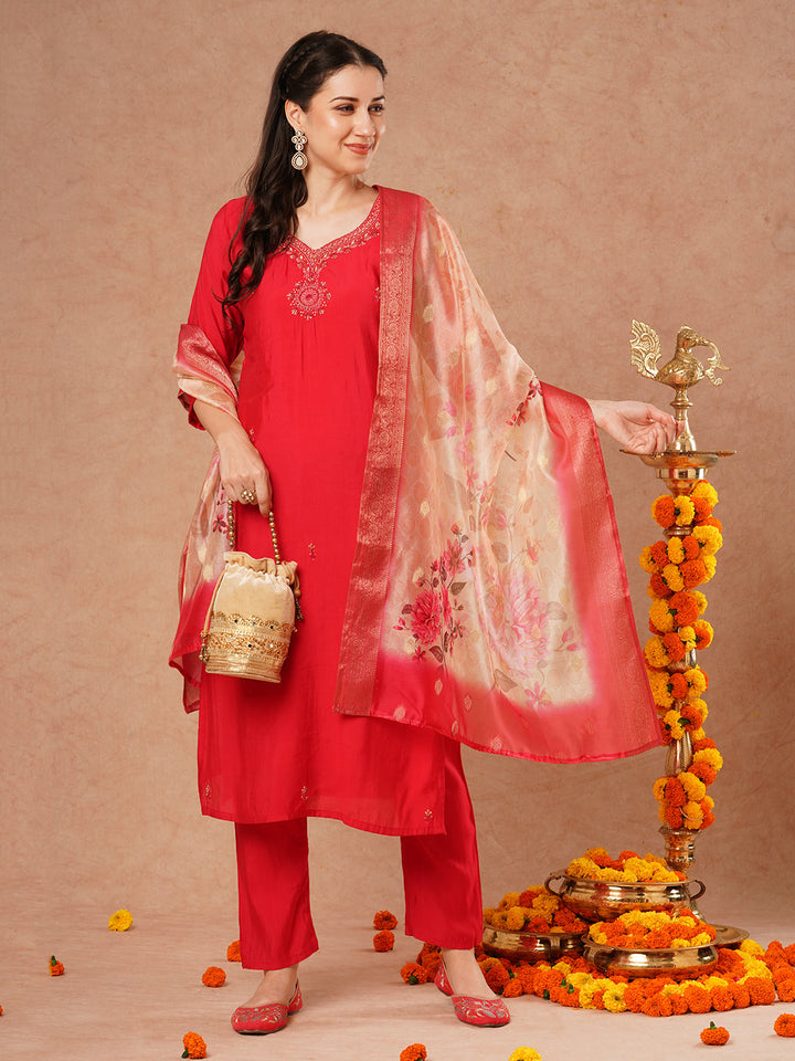 Solid Hand Embroidered Straight Fit Kurta with Pant & Printed Dupatta - Pink