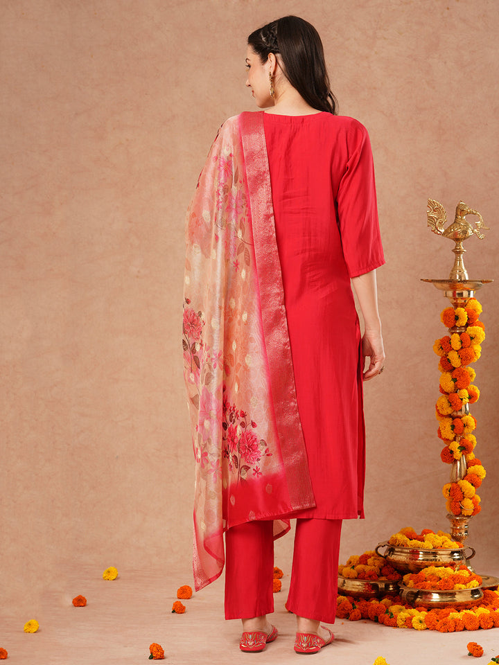 Solid Hand Embroidered Straight Fit Kurta with Pant & Printed Dupatta - Pink