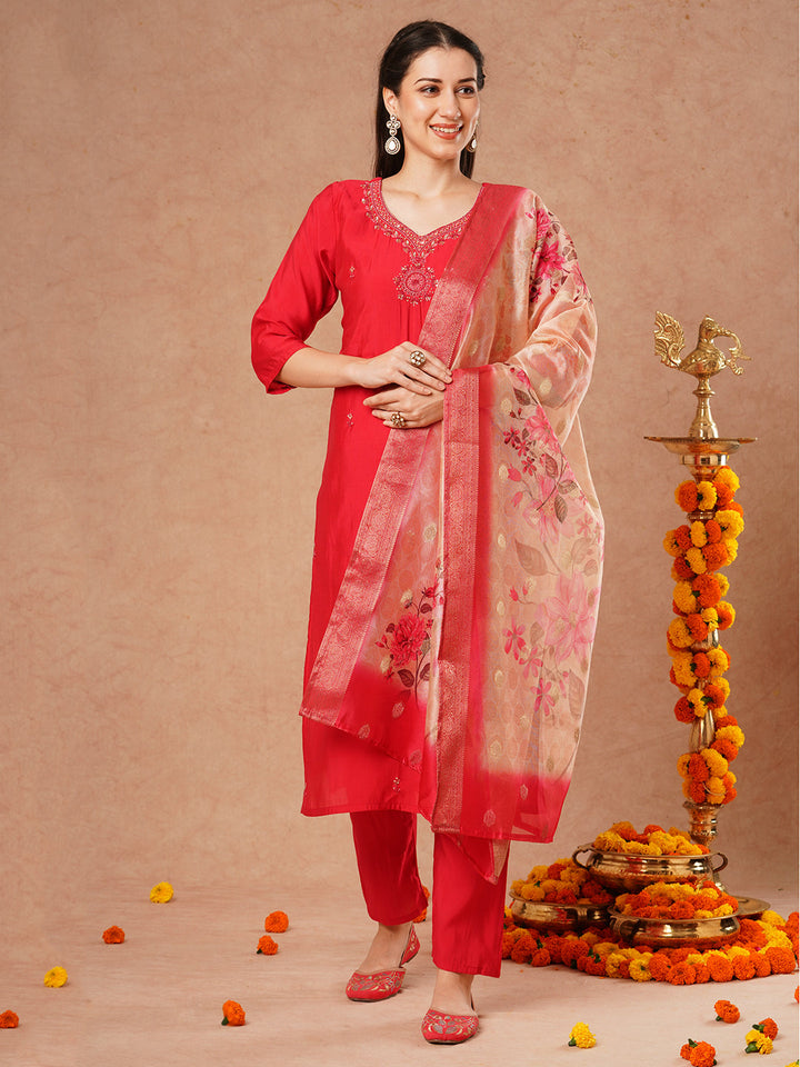 Solid Hand Embroidered Straight Fit Kurta with Pant & Printed Dupatta - Pink