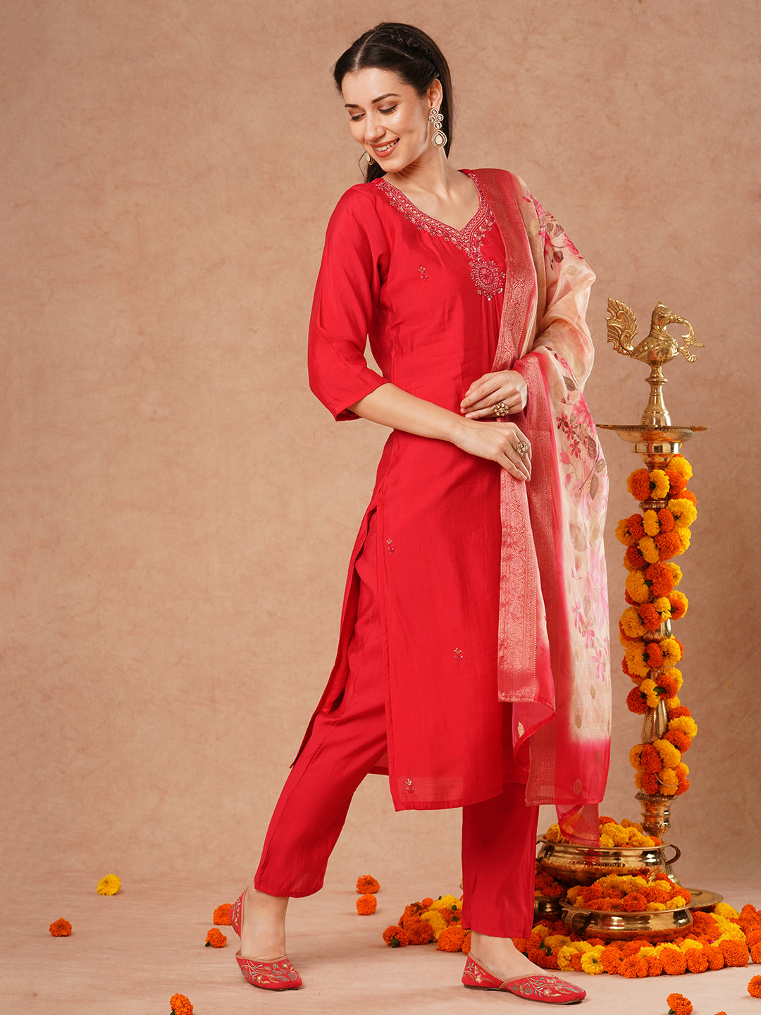 Solid Hand Embroidered Straight Fit Kurta with Pant & Printed Dupatta - Pink