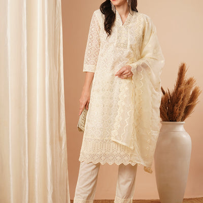 Solid Floral Chikankari Embroidered Straight Kurta with Pant & Dupatta - Off White
