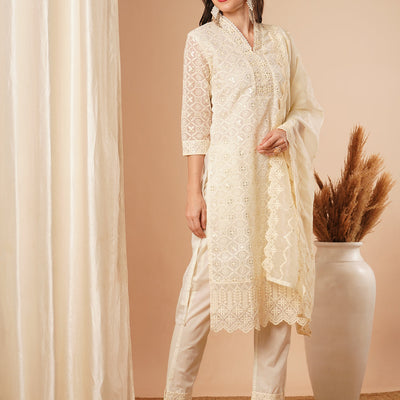 Solid Floral Chikankari Embroidered Straight Kurta with Pant & Dupatta - Off White