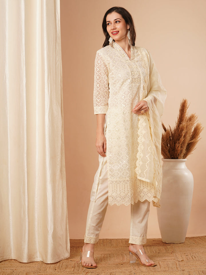 Solid Floral Chikankari Embroidered Straight Kurta with Pant & Dupatta - Off White