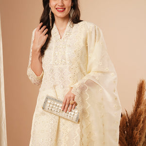 Solid Floral Chikankari Embroidered Straight Kurta with Pant & Dupatta - Off White