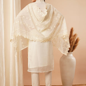 Solid Floral Chikankari Embroidered Straight Kurta with Pant & Dupatta - Off White