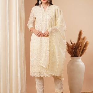 Solid Floral Chikankari Embroidered Straight Kurta with Pant & Dupatta - Off White