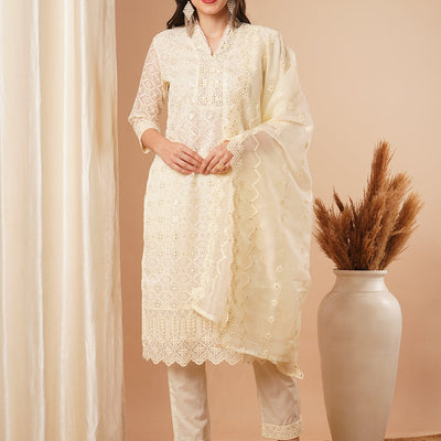Solid Floral Chikankari Embroidered Straight Kurta with Pant & Dupatta - Off White