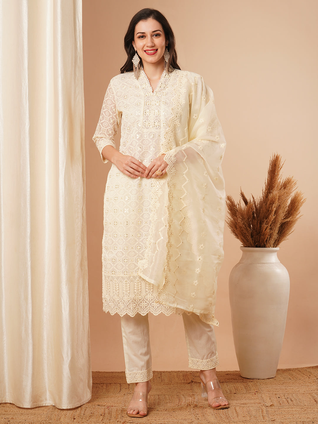 Solid Floral Chikankari Embroidered Straight Kurta with Pant & Dupatta - Off White