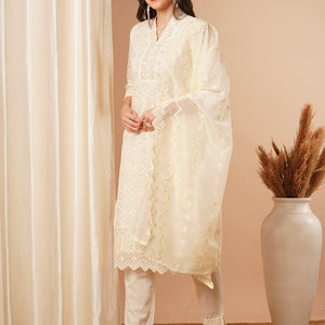 Solid Floral Chikankari Embroidered Straight Kurta with Pant & Dupatta - Off White