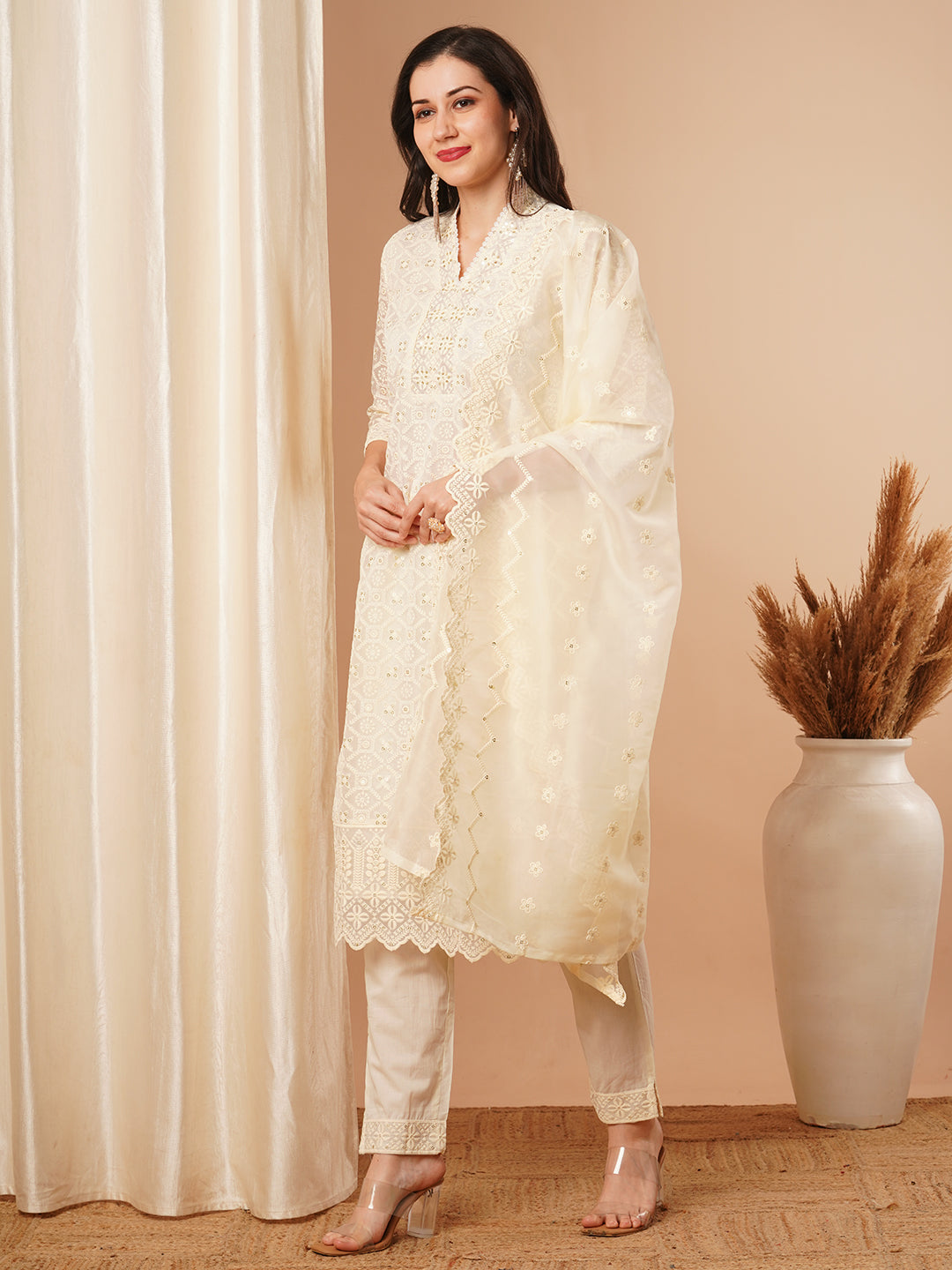 Solid Floral Chikankari Embroidered Straight Kurta with Pant & Dupatta - Off White