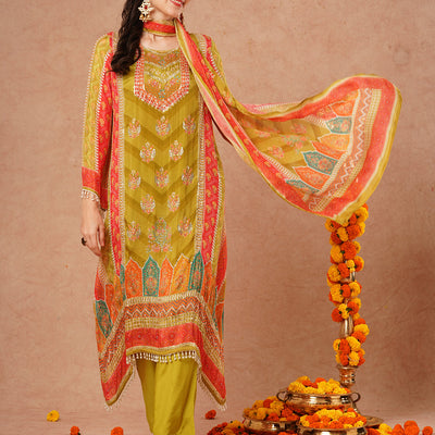 Ethnic Floral Printed & Embroidered A-Line Kurta with Palazzo & Dupatta - Green