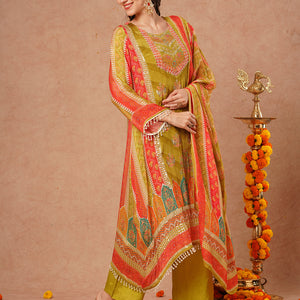 Ethnic Floral Printed & Embroidered A-Line Kurta with Palazzo & Dupatta - Green