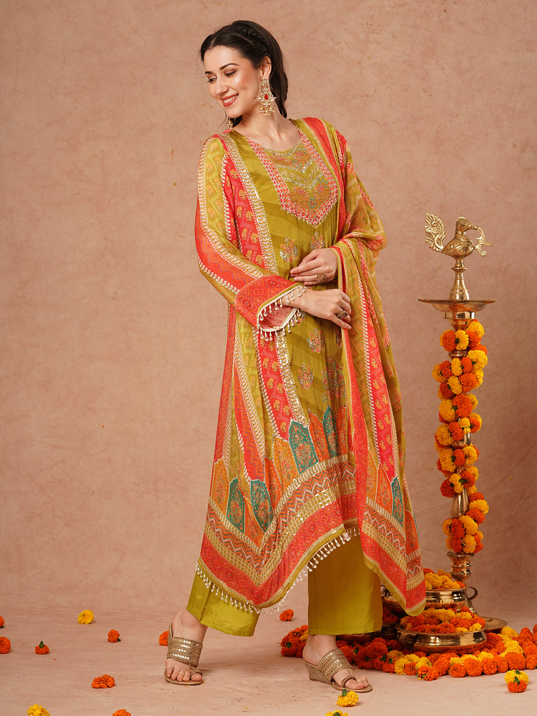 Ethnic Floral Printed & Embroidered A-Line Kurta with Palazzo & Dupatta - Green