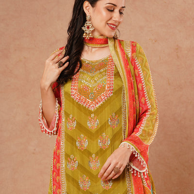 Ethnic Floral Printed & Embroidered A-Line Kurta with Palazzo & Dupatta - Green