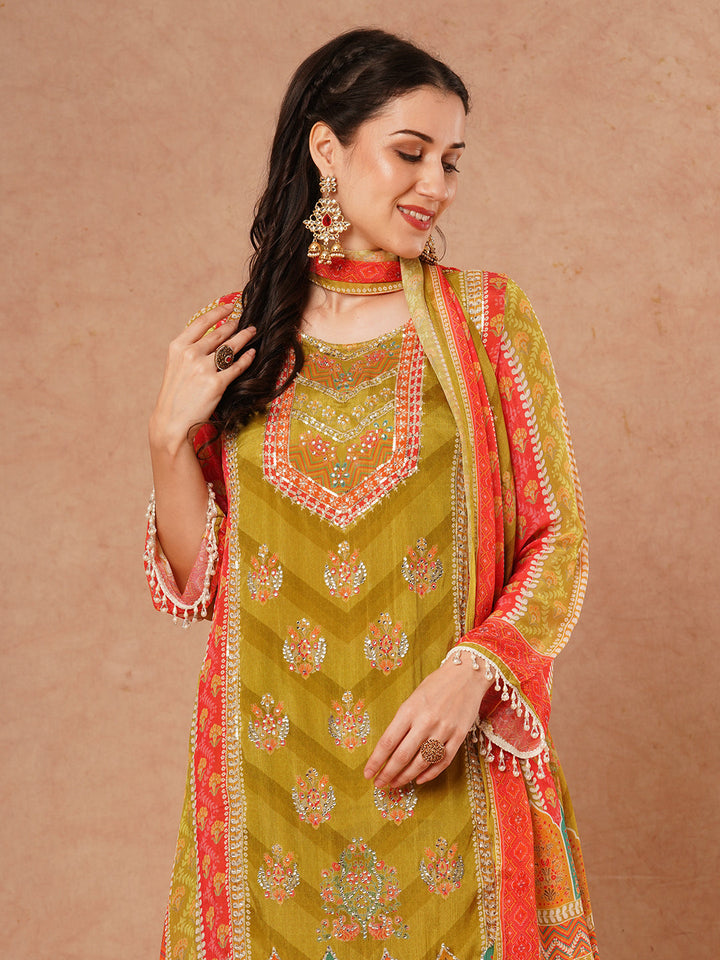 Ethnic Floral Printed & Embroidered A-Line Kurta with Palazzo & Dupatta - Green