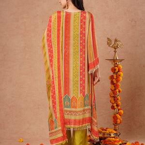Ethnic Floral Printed & Embroidered A-Line Kurta with Palazzo & Dupatta - Green