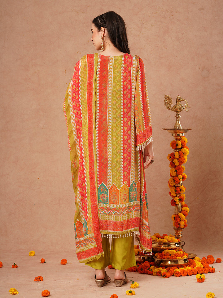 Ethnic Floral Printed & Embroidered A-Line Kurta with Palazzo & Dupatta - Green