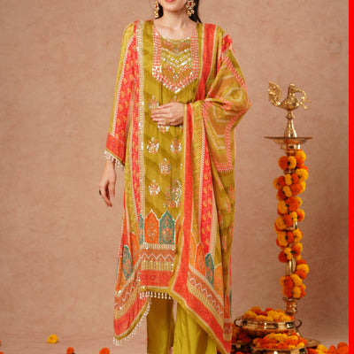 Ethnic Floral Printed & Embroidered A-Line Kurta with Palazzo & Dupatta - Green