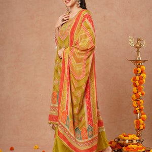 Ethnic Floral Printed & Embroidered A-Line Kurta with Palazzo & Dupatta - Green