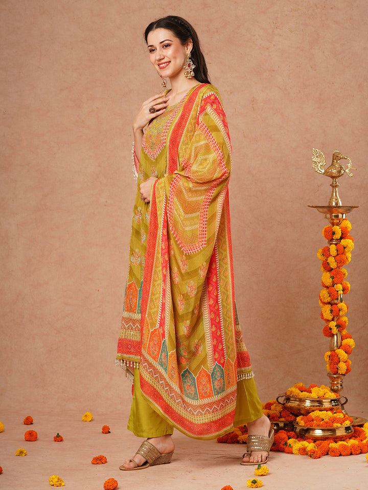 Ethnic Floral Printed & Embroidered A-Line Kurta with Palazzo & Dupatta - Green