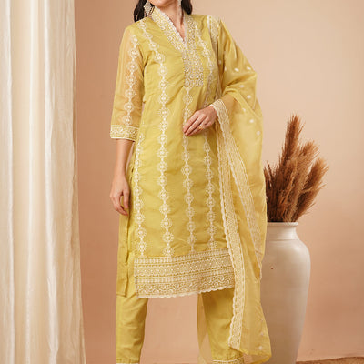 Ethnic Chikankari Embroidered Straight Fit Kurta with Pant and Dupatta - Green