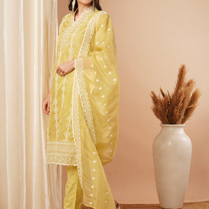 Ethnic Chikankari Embroidered Straight Fit Kurta with Pant and Dupatta - Green