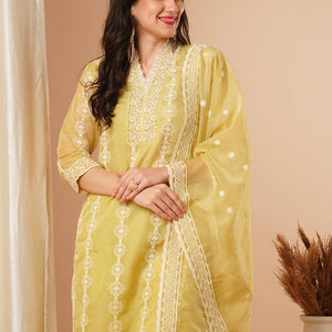 Ethnic Chikankari Embroidered Straight Fit Kurta with Pant and Dupatta - Green
