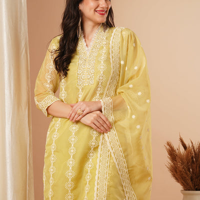 Ethnic Chikankari Embroidered Straight Fit Kurta with Pant and Dupatta - Green