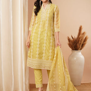 Ethnic Chikankari Embroidered Straight Fit Kurta with Pant and Dupatta - Green