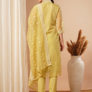 Ethnic Chikankari Embroidered Straight Fit Kurta with Pant and Dupatta - Green