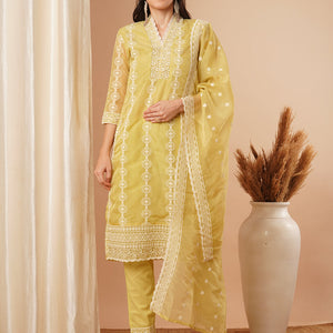 Ethnic Chikankari Embroidered Straight Fit Kurta with Pant and Dupatta - Green