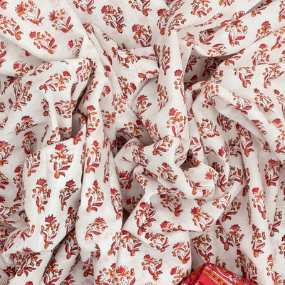 White Woven Jaipur Cotton Saree Printed With Red Floral  Motifs
