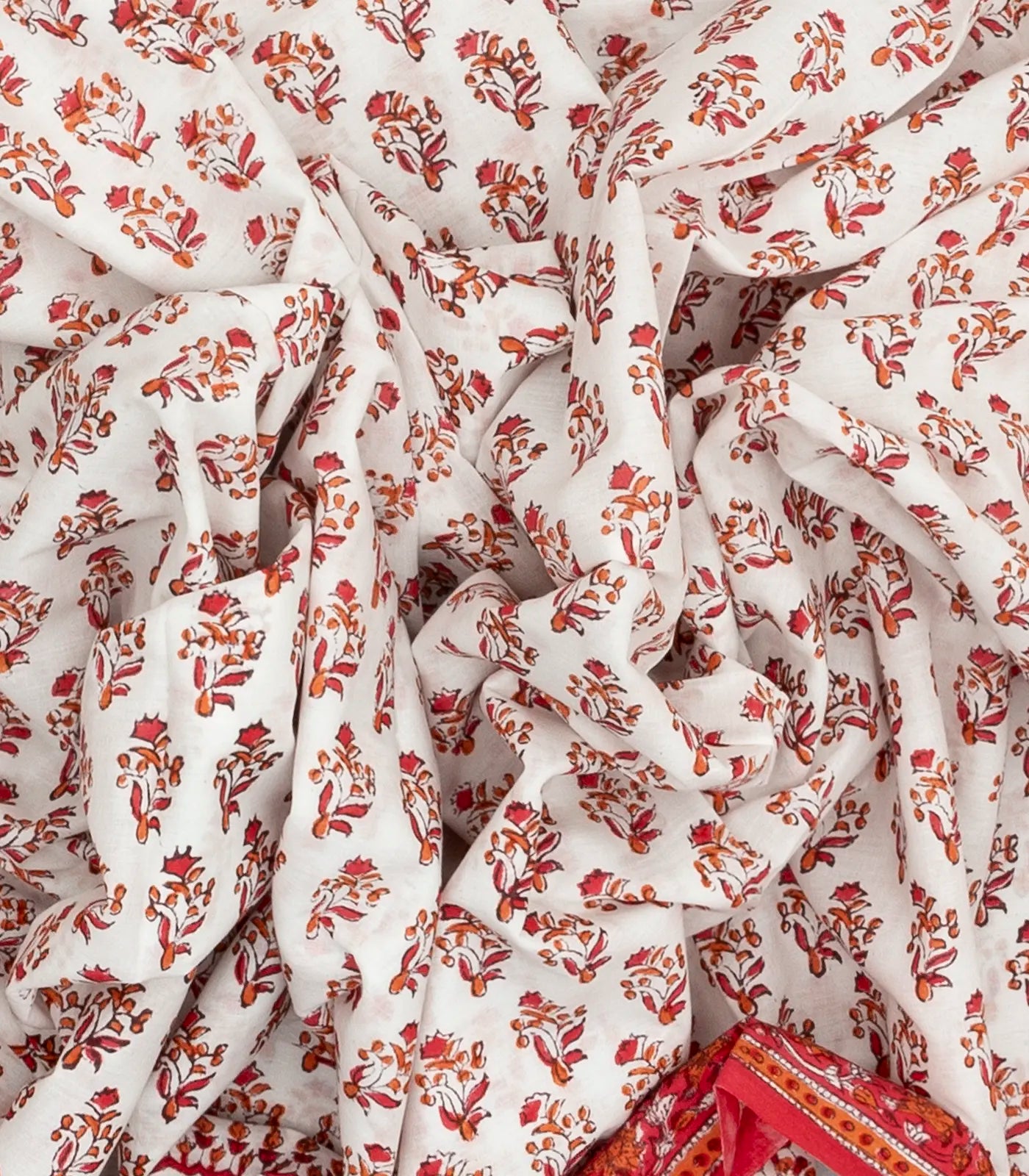 White Woven Jaipur Cotton Saree Printed With Red Floral  Motifs