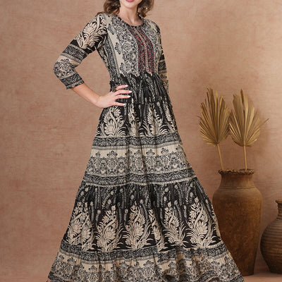 Ethnic Floral Printed & Embroidered A-Line Pleated Tiered Maxi Dress - Brown