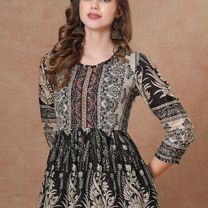 Ethnic Floral Printed & Embroidered A-Line Pleated Tiered Maxi Dress - Brown