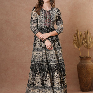 Ethnic Floral Printed & Embroidered A-Line Pleated Tiered Maxi Dress - Brown
