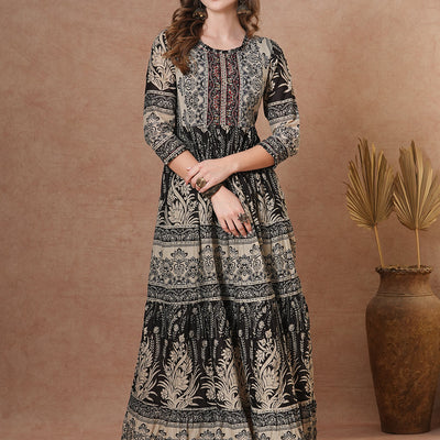 Ethnic Floral Printed & Embroidered A-Line Pleated Tiered Maxi Dress - Brown