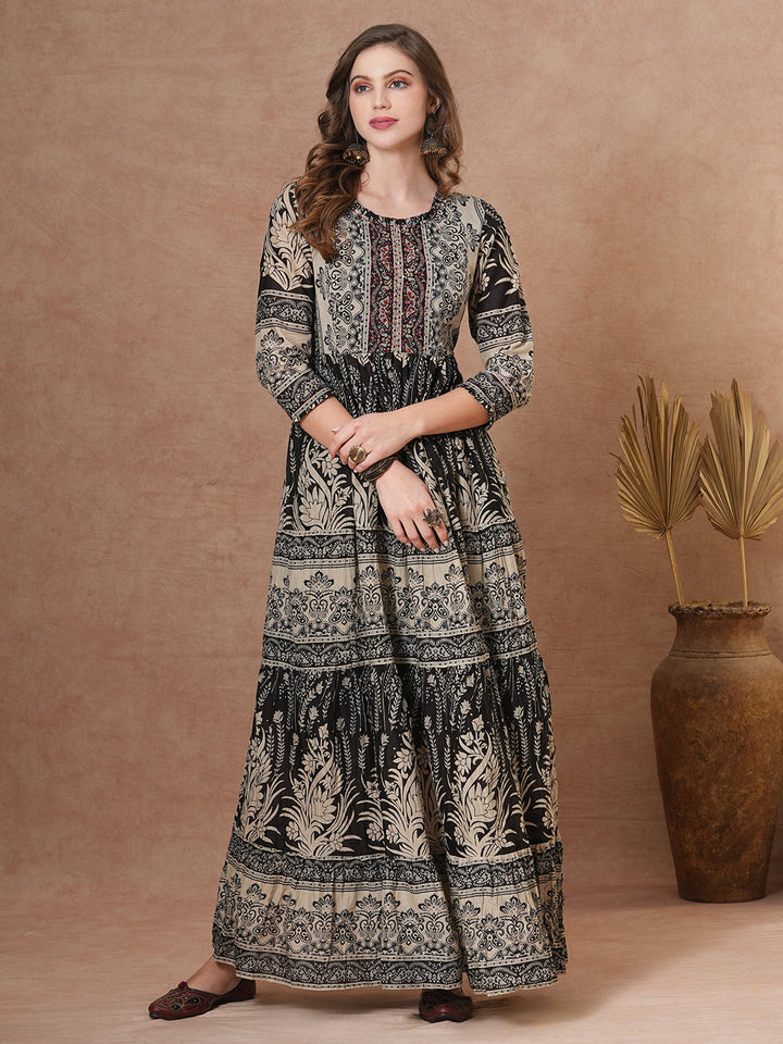 Ethnic Floral Printed & Embroidered A-Line Pleated Tiered Maxi Dress - Brown