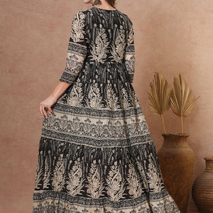 Ethnic Floral Printed & Embroidered A-Line Pleated Tiered Maxi Dress - Brown