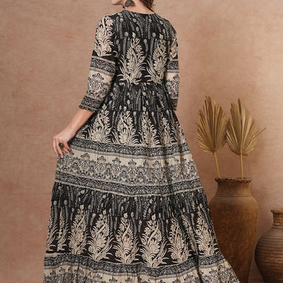 Ethnic Floral Printed & Embroidered A-Line Pleated Tiered Maxi Dress - Brown