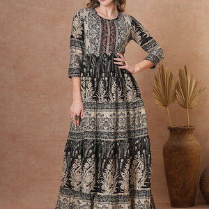 Ethnic Floral Printed & Embroidered A-Line Pleated Tiered Maxi Dress - Brown