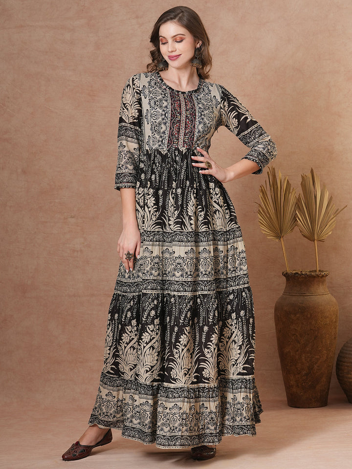 Ethnic Floral Printed & Embroidered A-Line Pleated Tiered Maxi Dress - Brown