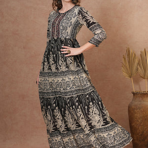 Ethnic Floral Printed & Embroidered A-Line Pleated Tiered Maxi Dress - Brown