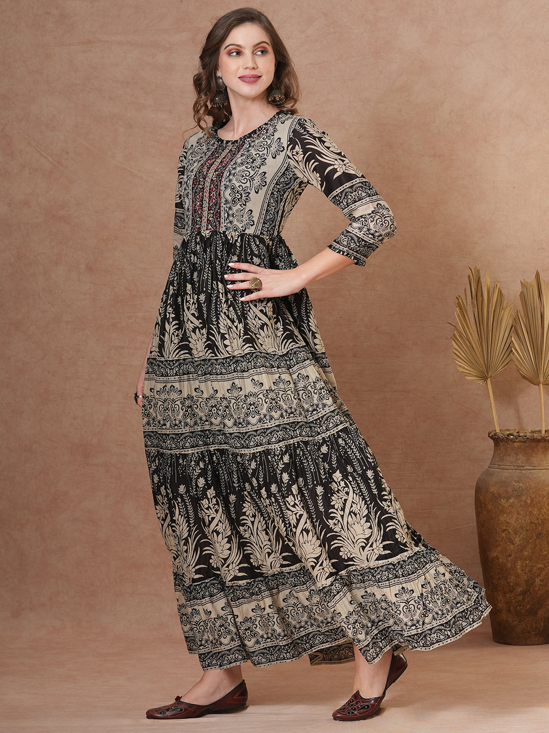 Ethnic Floral Printed & Embroidered A-Line Pleated Tiered Maxi Dress - Brown